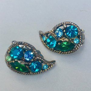 Vintage Blue & Green Rhinestone Paisley Shaped Clip Earrings